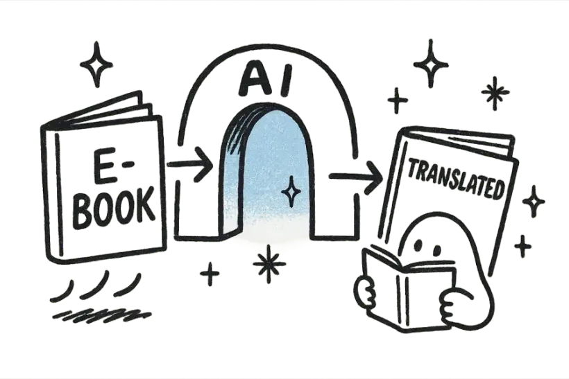 An e-book passing through an AI archway and coming out translated