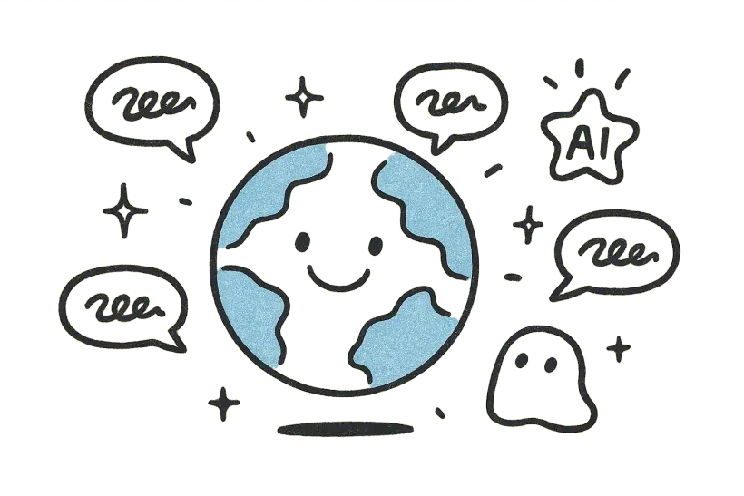 A globe and speech bubbles suggesting natural French translation