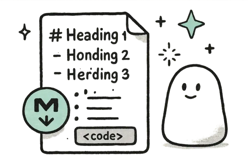 ملف Markdown يحتوي على عناوين، قائمة، وكتلة شيفرة