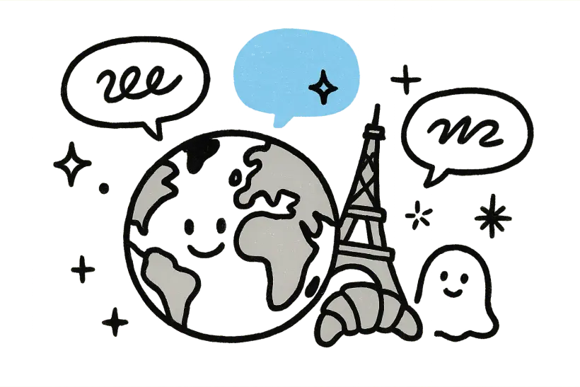 A globe and speech bubbles suggesting natural French to English translation