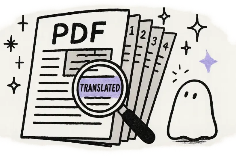 複数ページのPDFが扇状に開かれ、翻訳テキストの上に拡大鏡がある