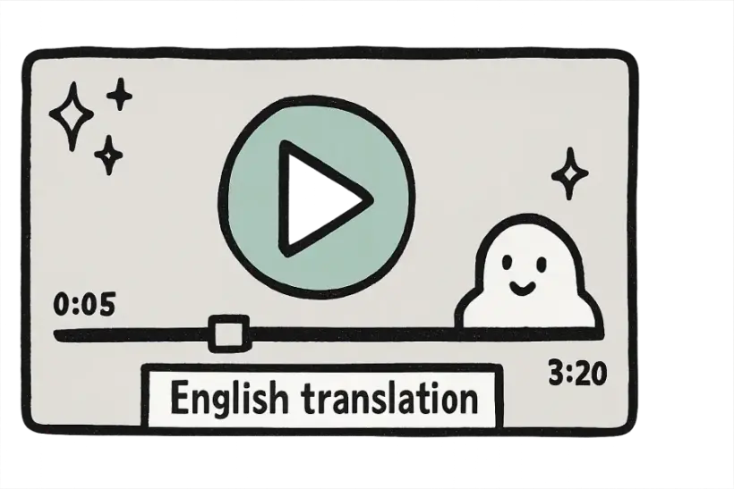 A video player with a subtitle line translated and timecodes kept